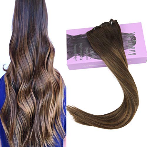 VeSunny 24inch Ombre Remy Clip in Hair Extensions #2 Fading to #6 Mixed Brown Highlights Balayage Ombre Full Head Clip in Hair Extensions Human Hair 7pcs 120g/Set