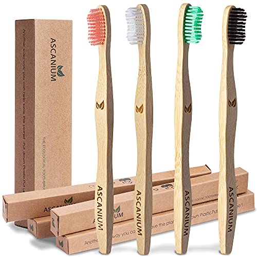 Bamboo Toothbrush Charcoal Biodegradable Wood Toothbrush EcoFriendly Toothbrushes Natural Vegan Organic Tooth Brushes with Wooden Handle for Family and Kids (Pack of 4)