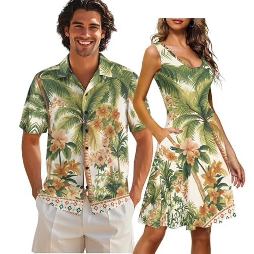 COEQINE Camisas a juego para parejas, divertidas camisas hawaianas de Luau o vestido de verano con estampado floral verde de hoja de palma, tallas S-5XL