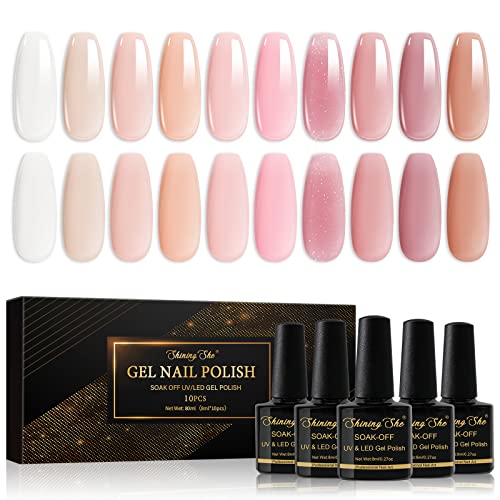 Shining She Jelly Gel Nail Polish Kit - 10 Color White Nude Pink Sheer Nail Polish, Transparent, Soak-Off UV/LED Gel for Nail Art Salon DIY Home, 8ML