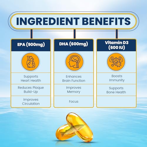 Image of Salmega Omega 3 Fish Oil with Vitamin D3 600 IU - 1590mg High Strength (900mg EPA & 600mg DHA) for Heart, Brain, Joint & Immunity Support - Fish Oil Capsules for Men & Women - 60 Softgels