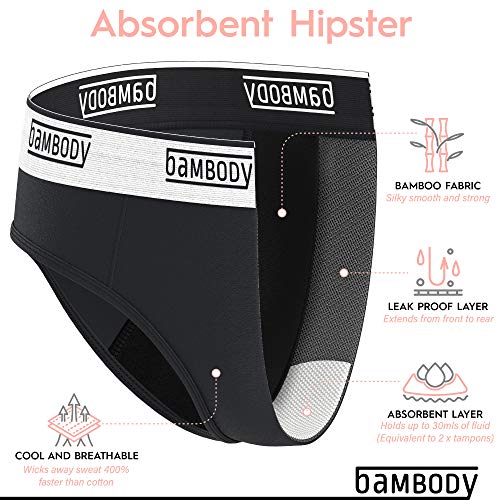 Bambody Absorbent Hipster: Sporty Period Panties | Protective Active Wear Underwear (X-Large, 3 x Black)