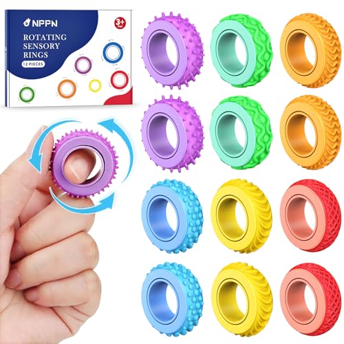 Fidget Ring Toys für Erwachsene & Kinder - 12 Stück Sensorische Fidget Spinner mit 6 Texturen, Lautloses Spielzeug bei Angstzuständen für ADHD Autismus, Konzentrationshilfe für Schule & Büro.