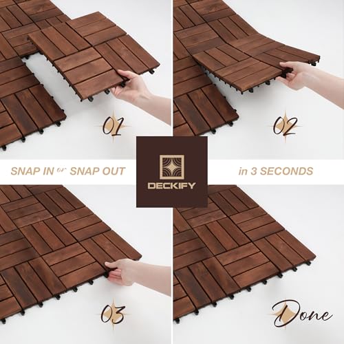 DECKIFY 9Pcs Premium Acacia Wood Interlocking Patio Deck Tiles, 12 x 12 x 0.9 Inch Outdoor Flooring, Waterproof for All-Weather Use – Crossed, Dark Brown by DECKIFY - Image 7