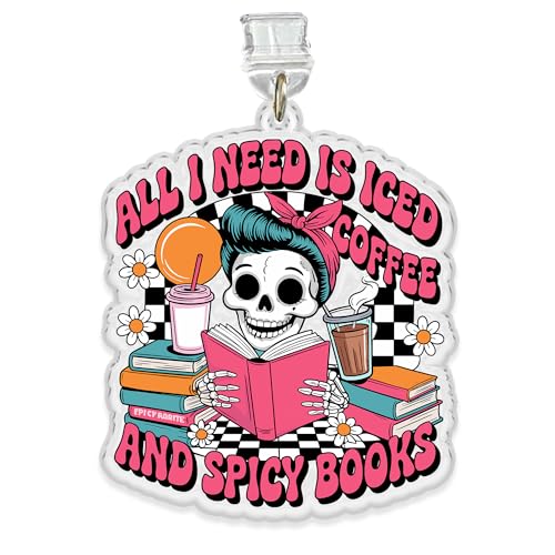 All I Need Is Iced Coffee And Spicy Books, Dust Plug Charm 1.5 Inches Funny Skeleton, Book Lover Reading, Romantasy Lightning/Type C Acrylic Material Accessories, Charms for Phone
