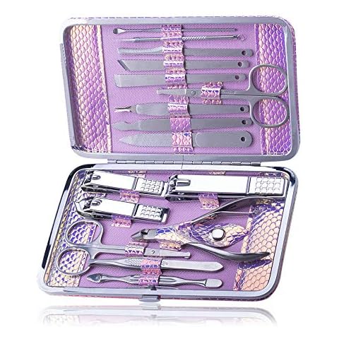 ZEVONDA Nail Clippers Manicure Kit Sets - Nail Clipper Manicure Set Nail Scissors Travel Set Stainless Steel Nail Care Pedicure 19pcs Tool Kit With a Portable Case,Purple Gold Cover