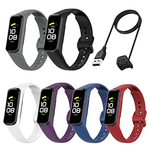 7 PACK Bands & CHARGER Compatible with Samsung Galaxy Fit 2 Band for Women Men, Soft Silicone Replacement Straps Wristbands Accessories for Samsung Galaxy Fit2