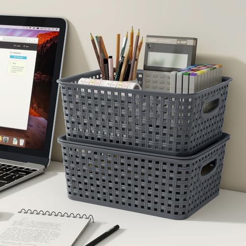 Cesta de almacenamiento de tejido de plástico gris, cajas organizadoras organizador escritorio 5
