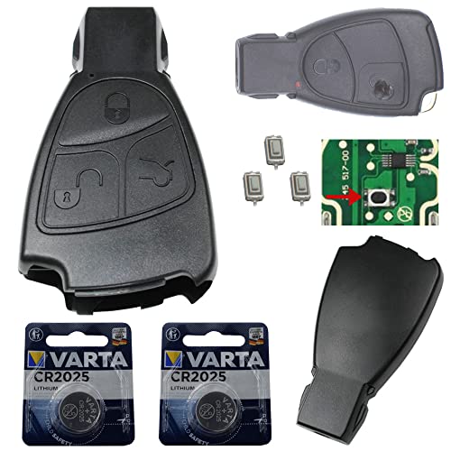 Auto Schlüssel Smartkey Funk Fernbedienung Sender Set 3 Tasten Gehäuse + 3X Mikro Taster + 2X CR2025 Batterie kompatibel für Mercedes Benz