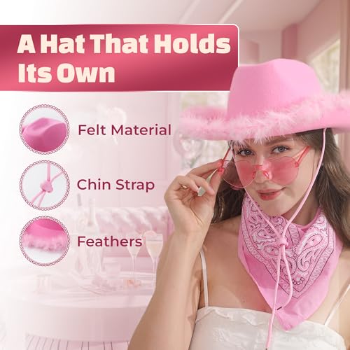 Ibasics Pink Cowgirl Hat With Bandana And Heart Glasses - Pink Cowboy Hat For Women, Teen Girls - Fun Novelty Cow Girl Hat With Feathers thumb #2