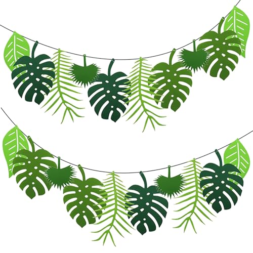 GWAWG Paquete de 2 decoraciones de cumpleaños de la selva, guirnalda de hojas de palma, decoración de fiesta de selva, fiesta de jardín hawaiana, hojas de fieltro reutilizables, decoración de hojas
