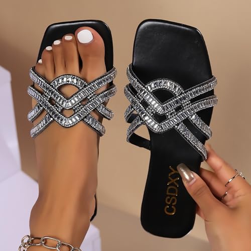 Sparkle Rhinestone Strappy Flat Slipper for Women Square Open Toe Slip on Flat Sandals Soft Sole Fashion Casual Dressy Slides Sandals for Outdoor Beach Vacation4