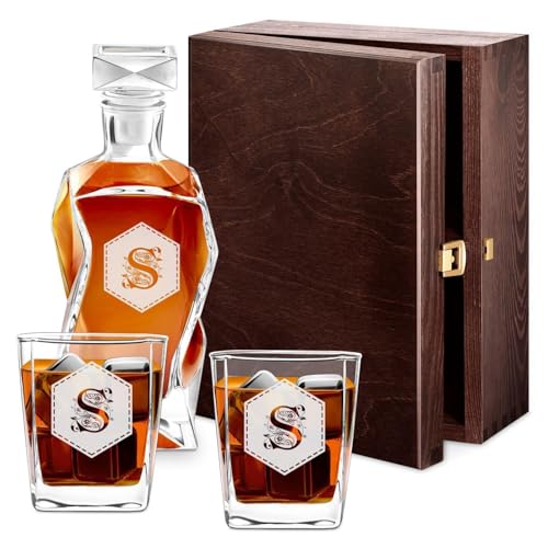Maverton Set Decanter per Whisky in vetro - da 700 ml - incisione personalizzata - Caraffa con 2/4/ 6 bicchieri - idea regalo per il compleanno - per l’ uomo - Esagono floreale