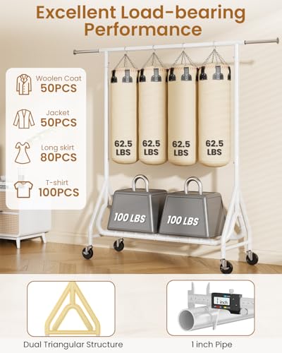 Image of Heavy Duty Clothes Rack, Metal Clothing Rack Load 450 LBS, Rolling Coat Racks for Hanging Clothes with Lockable Wheels, Wardrobe Closet Garment Racks for Bedroom, White