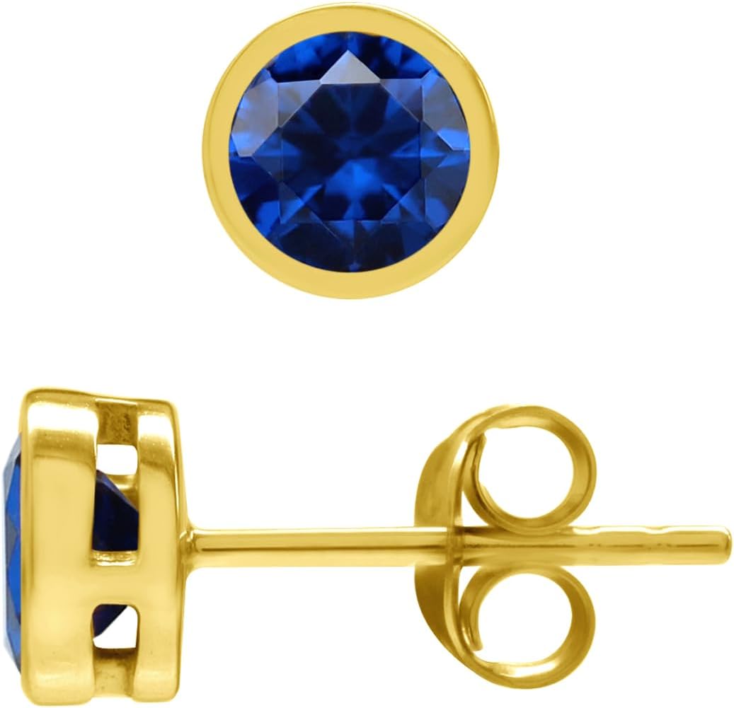 Silvershake Petite 5MM Round Shape Gemstones White Gold Plated 14K 18K Yellow Gold Plated 925 Sterling Silver Bezel Set Birthstone Stud Post Earrings Jewelry for Women and Teens