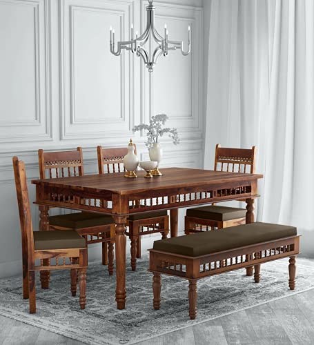 Image of Dining Table 6 Seater Set with 6 Chairs | Dining Table Sets | Wooden 6 Seater Dining Table | Sheesham Wood Dining 4 Chairs and 1 Bench | Dining Room Sets Rectangle Provincial Natural Teak
