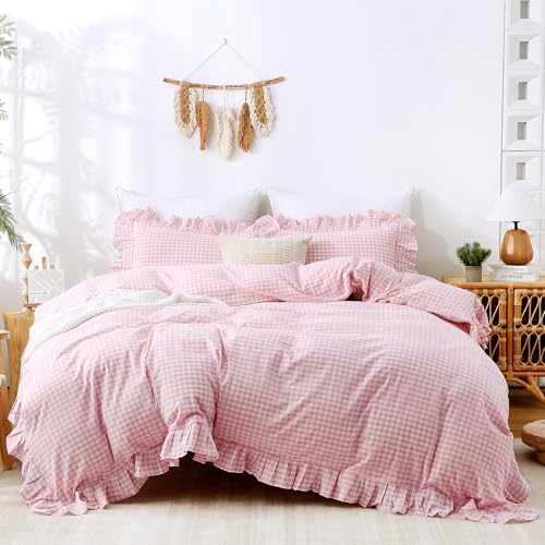 ATsense Pink Gingham Ruffle Duvet Cover Set Cotton Like Linen, Queen