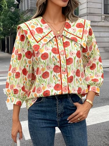 Women's 2025 Fashion Tops 100% Cotton Button Down Shirts V Neck 3/4 Length Sleeve Floral Peter Pan Collar Blouses4