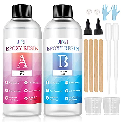 Two Part Epoxy Resin, No Yellowing and Bubble, Self Leveling with High Gloss, UV & Heat Resistant, Clear Resin Set for Jewelry Making, Art, Craft, River Tables, Beginner Friendly(32oz)