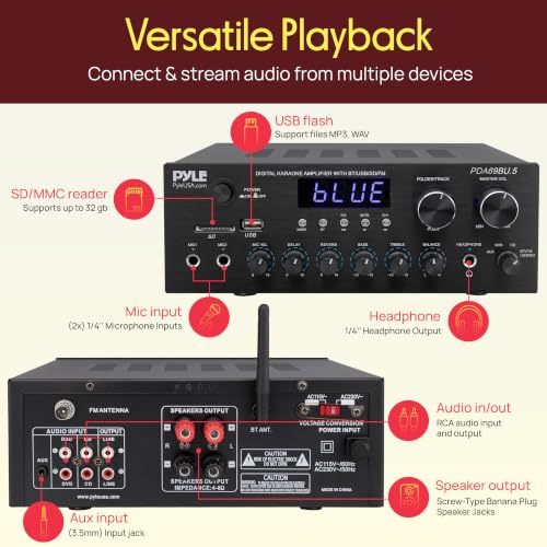 Image of Pyle Karaoke Amplifier - Bluetooth Stereo Receiver, Dual Mic Inputs with Delay & Reverb, USB /SD /FM, RCA /AUX Inputs, Bass & Treble EQ, Remote Included - PDA69BU.5