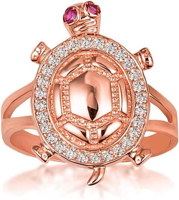 Elegant 10k Gold Red & White CZ Studded Sea Turtle Ring (Small)