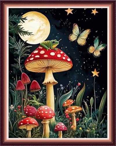 Image of Funxvoot Stamped Cross Stitch Kits for Beginners or Adults Embroidery Starter Patterns | DIY Printed Cross Stitch Kits Needlepoint for Adults 11CT-Mushroom Moon 16x20 inch
