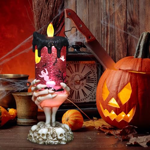 Image of Eldnacele Halloween Snow Globe Candles Lighted Lamp USB Powered Battery Operated Spooky Spinning Water Glittering Tornado Flameless Candles Skeleton Hand Holder Halloween Centerpiece Decor(Ghost)
