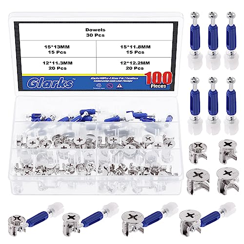 Glarks 100Pcs 4 Sizes 3-in-1 Furniture Connecting Cam Lock Fittings with Dowels Assortment Kit, 15x13/15x11.8/12x12.2/12x11.3mm Cam Lock Nuts and Cam Screws for Wardrobe Drawer Cabinet Connectors