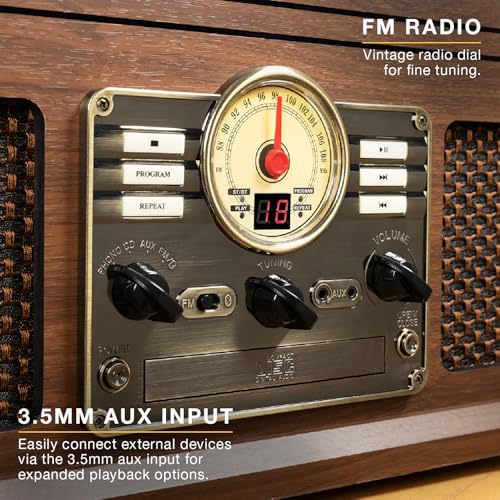Image of Victrola Quincy - 6-in-1 Bluetooth Record Player - Walnut | Plays vinyl, CD, cassette and FM radio through built-in stereo speakers, Bluetooth and aux streaming, headphone jack