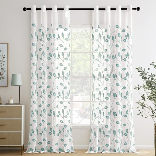MIULEE Cortinas Salon Modernas con Bordado de Hojas 2 Piezas, Lindas Cortinas Visillos Dormitorio Matrimonio con Ojales, Cortinas Translucidas Salón con Hojas Motivos 140x260 Azúl