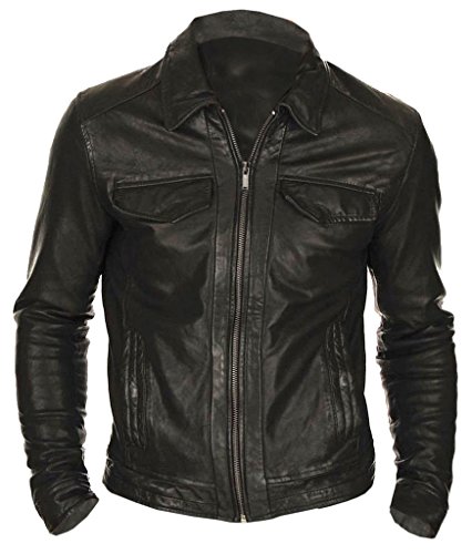 The Leather Factory Men's Genuine Lambskin Leather Classic Stylish Biker Jacket L Black