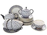Lomonosov Porcelain Tulip Cobalt Net Tea Set 6/20: Tea Pot, Sugar Bowl, 6 Cups with Saucers and 6 Cake Plates.