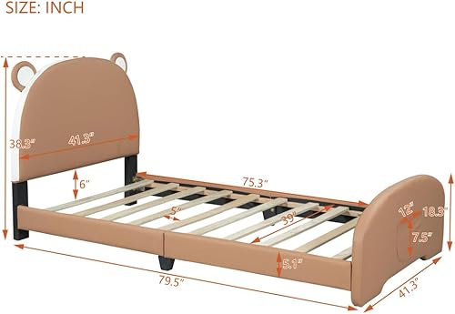 Miniatura 2 de Cama de plataforma tamaño individual, moderna cama infantil tapizada en forma de oso de dibujos animados con cabecero y estribo para habitación de