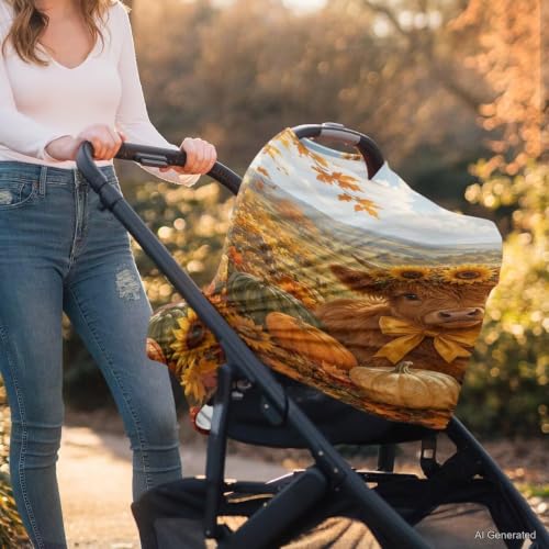 Image of Wanyint Car Seat Covers Baby Car Canopy Shopping Cart Scarf Lightweight Stroller Cover Women Mother Nursing Breastfeeding Covers Fall Decoration, Highland Cow Pumpkin Fall