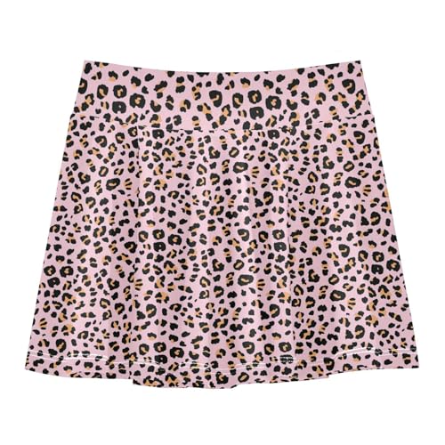 Leopard Printing Pink Athletic Skirts Girls with Built in Shorts Flowy Girl Skort Kids Pleated Skirt with Pockets 4-12Y