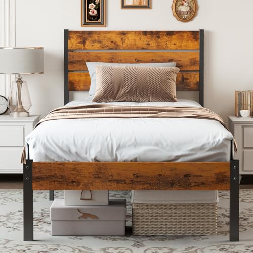 Sweetcrispy Twin Size Metal Platform Bed Frame - Mattress Foundation with Headboard and and Footboard, No Box Spring Needed with 700LBS Sturdy Wooden Slats Support, Noise Free, Easy Assembly