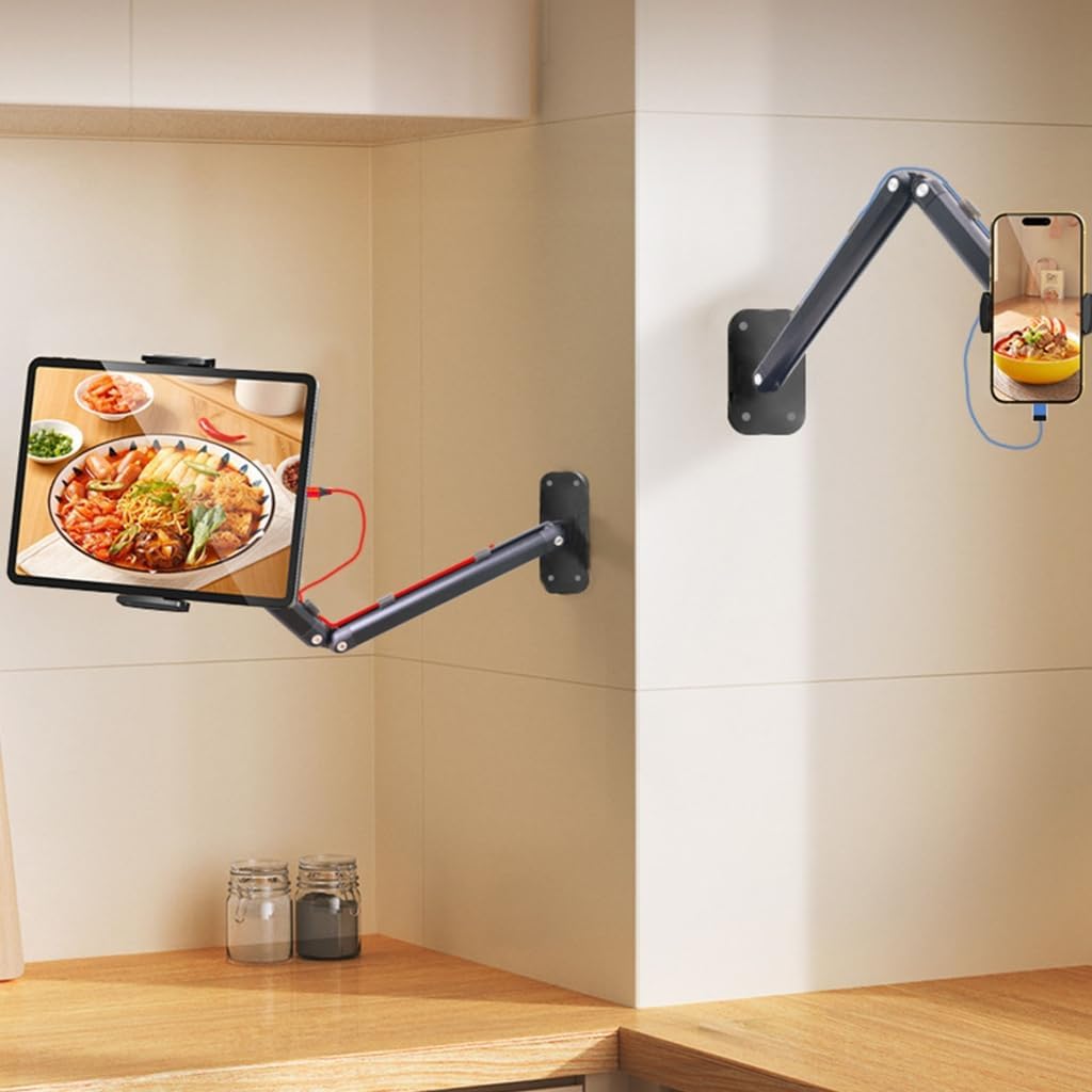 Foldable Metal Wall Mount Phone Holder Adjustable Arm Bracket 360 Rotating for Smartphones Tablets Quick Install