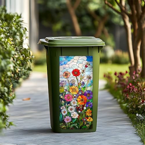 Image of 14.6x32.3 Inch Trash Can Cover Stained Glass Art Style Blooming Flowers with Clouds Design Outdoor Garbage Bin Decoration Sticker Wrap