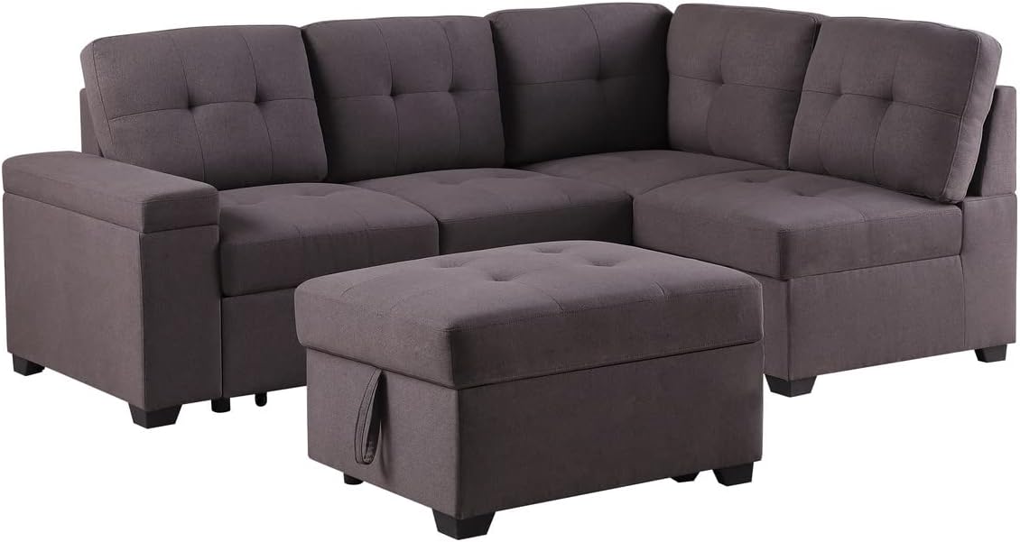 Piran Sleeper Sectional Sofa with Storage Ottoman, Storage Arm Covers in Brown Linen