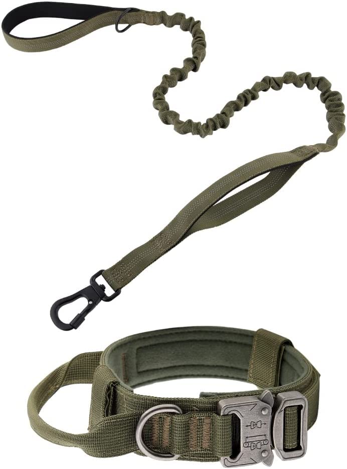 JupiterJX Tactical Dog Collar And Lead Set, Military Dog Collar With Lead Heavy Duty Metal Buckle, Adjustable Dog Collar With Control Handle For Medium Large and Extra Large Dogs (Green Set, XL)