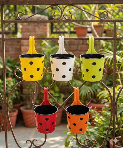 Image of Premium Polka Dot Hook Planter with Inner Pot | Sturdy Plastic Hanging Pots for Balcony Railings | Indoor & Outdoor Gardening (5 Pot, Multicolour)
