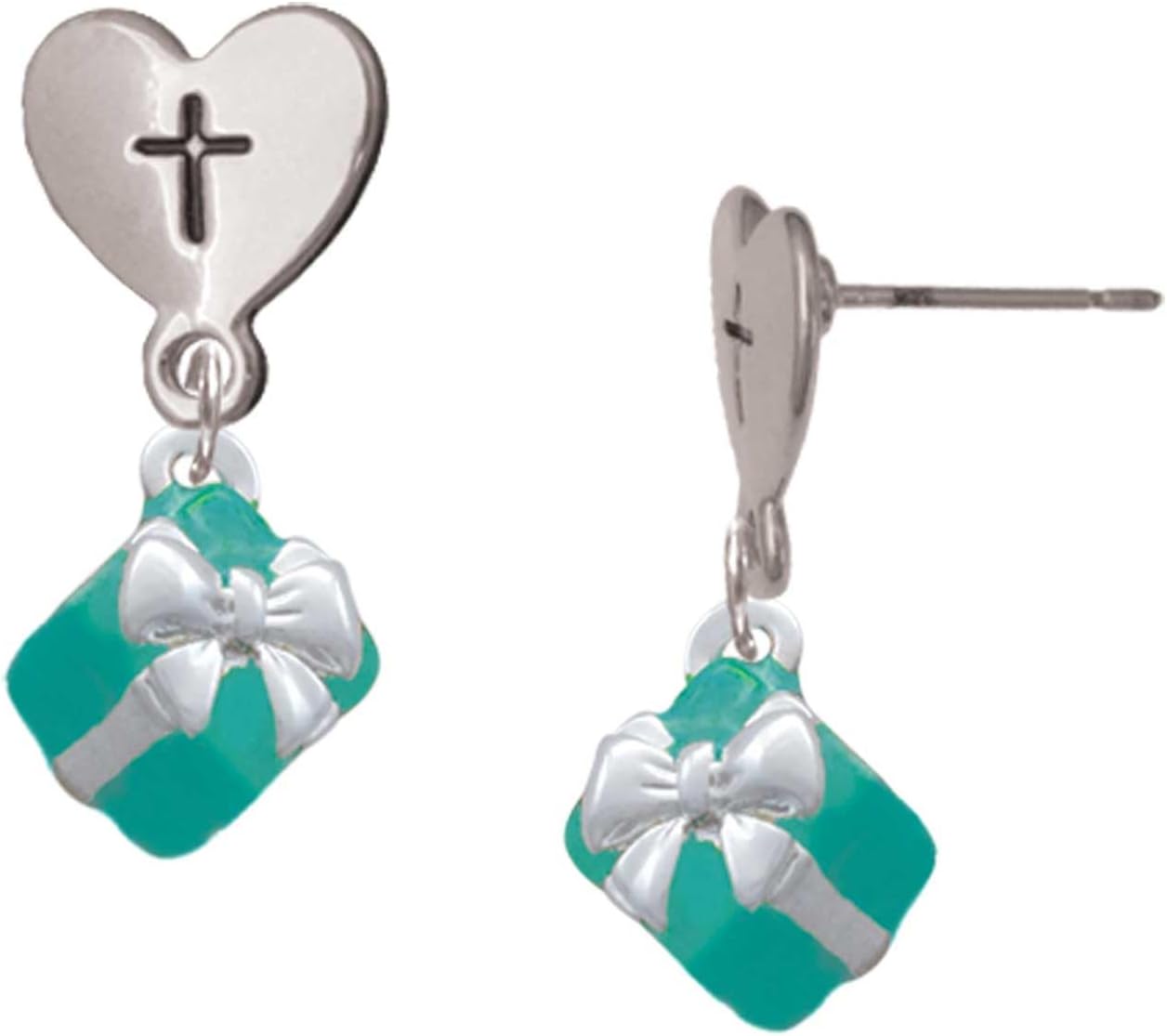 Delight Jewelry Silvertone Small 3-D Enamel Present Charm with Bow Cross in Heart Post Dangle Earrings