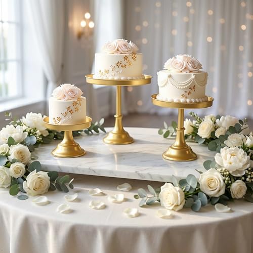 CBBZJY 3 Pcs Metal Round Cake Stand Set 8“10”12" Cake Display Stand Dessert Cupcake Display Tray for Graduation,Wedding,Birthday,Party,Baby Shower,Anniversary,Ceremony,Christmas (Gold) by CBBZJY - Used condition - Image 4