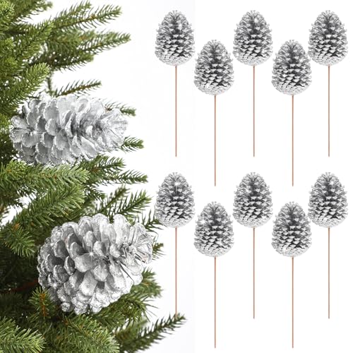 Halloscume 10 Pcs Large Silver Christmas Pine Cones Picks for Christmas Tree 11 Inch Glitter Natural Pinecone Floral Picks for Garland Wreath Ornament Xmas Tree Floral Arrangement DIY Craft by Halloscume - Used condition - US$10.28