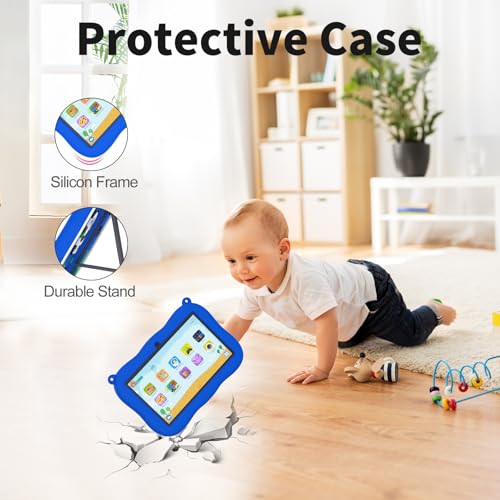 Image of VASOUN 7 inch Kids Tablet with Lanyard, Android 13 with 32GB Toddler Tablet,WiFi, Dual Camera,Time Limits, Age Filters,Parental Controls,Kids Software Pre-Installed with Silicone Case (Blue)