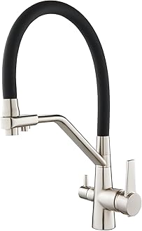 KEOKBON 3 Way Kitchen Tap for Filter Water Purifier, Black Silicone Pull Out Hose Spout Sink Mixer with Shower Head, Soild Brass, Nickel Brushed