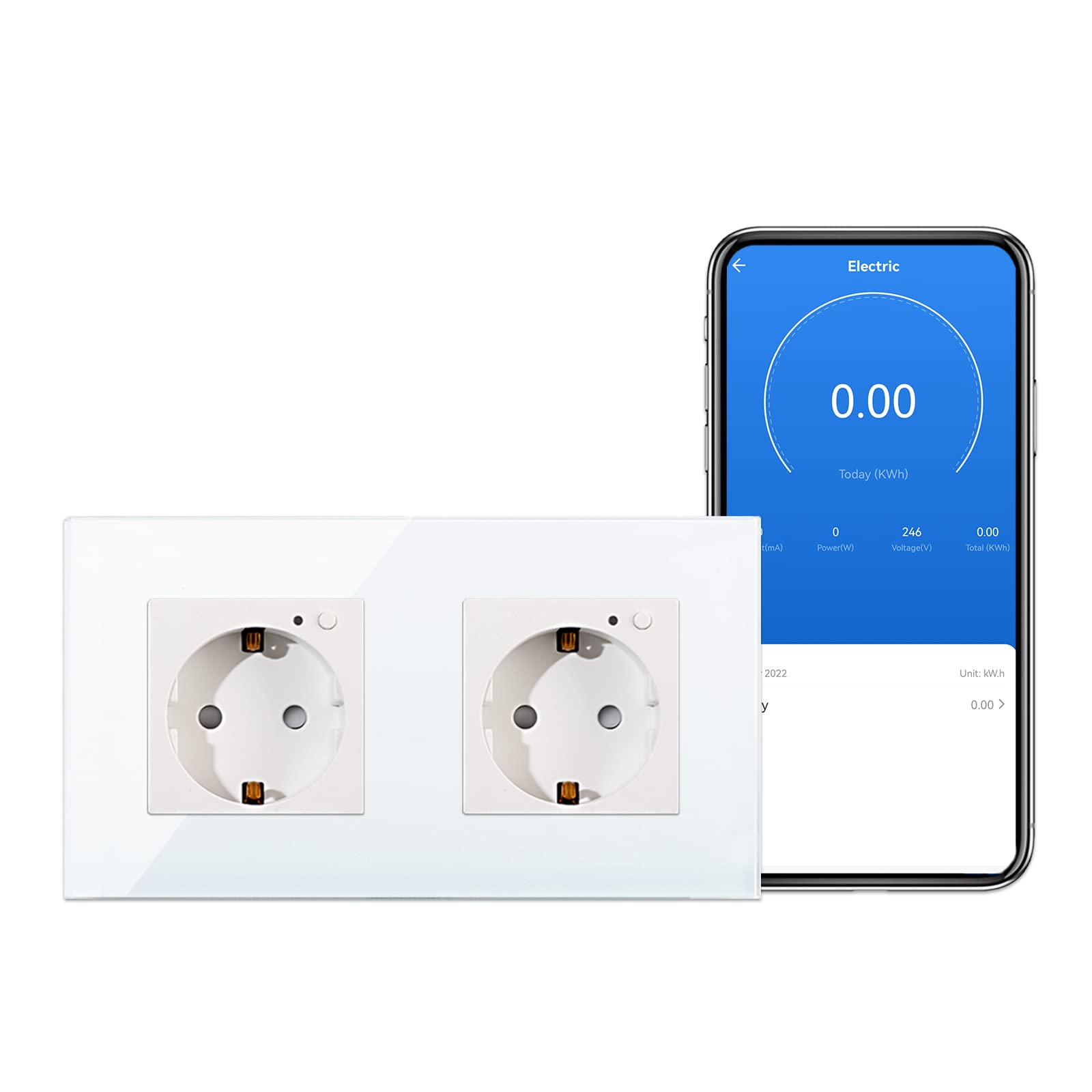 CNBINGO Prise Schuko Wi-Fi encastrée avec mesure de courant, 16 A, en verre, fonctionne avec Alexa (Echo, Echo Dot), Google Assistant, WiFi 2,4 GHz uniquement, 2 compartiments, blanc, 1 pièce