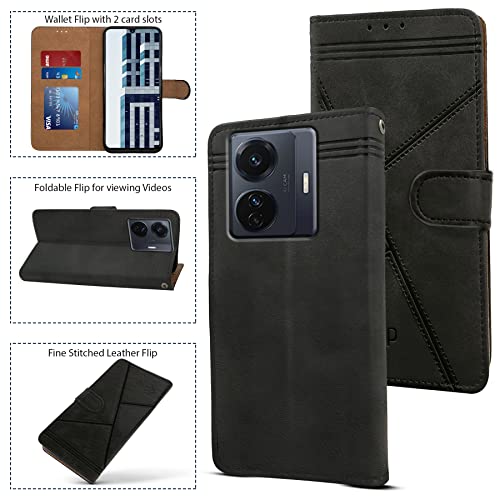 Image of Jkobi Flip Cover Case for Vivo iQOO Z6 Pro (Professional Line Pattern| Magnetic Closure | Inner TPU | Inbuilt Stand & Pockets | Office Wallet Style Flip Cover |Black)
