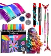 Jim&Gloria Dustless Hair Chalk for Girls With Clip-on Colored Hair, Brushes and Glitters, Tempora...