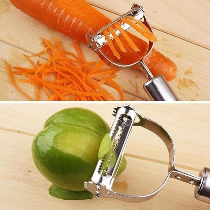 Image of RENRANRING 2-in-1 Stainless Steel Peeler for Kitchen | Vegetable & Fruit Peeler, Julienne Peeler and Sharp | Multifunctional, Rust-Free, Handles with Screw Thread (2 in 1 Silver)